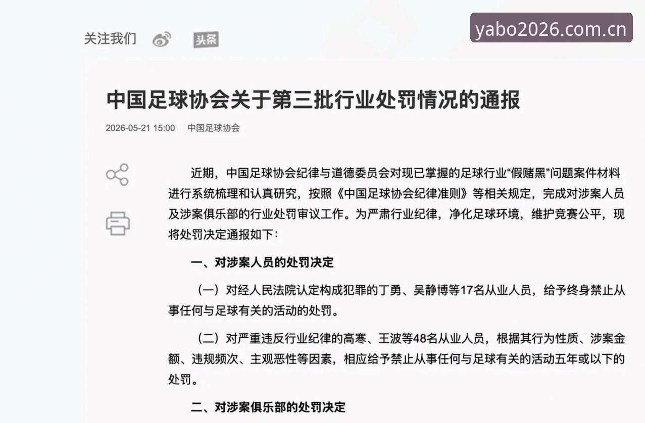雅博体育官网入口 足协第三批禁足名单详解:65人受罚,行业乱象深度剖析